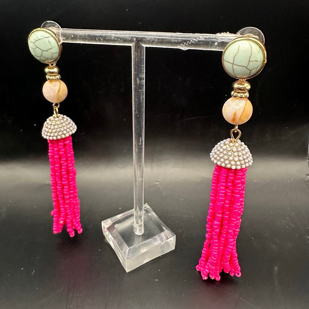 Pink Beaded Tassel Earring Summer Costume Jewelry Bright Casual Preppy Dangle